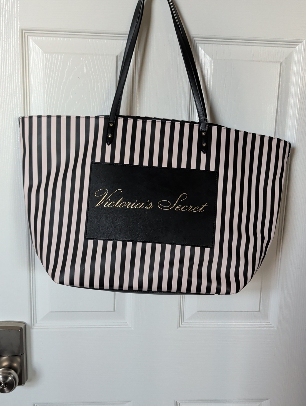 Victoria's Secret Black and Light Pink Vertical Stripe Tote